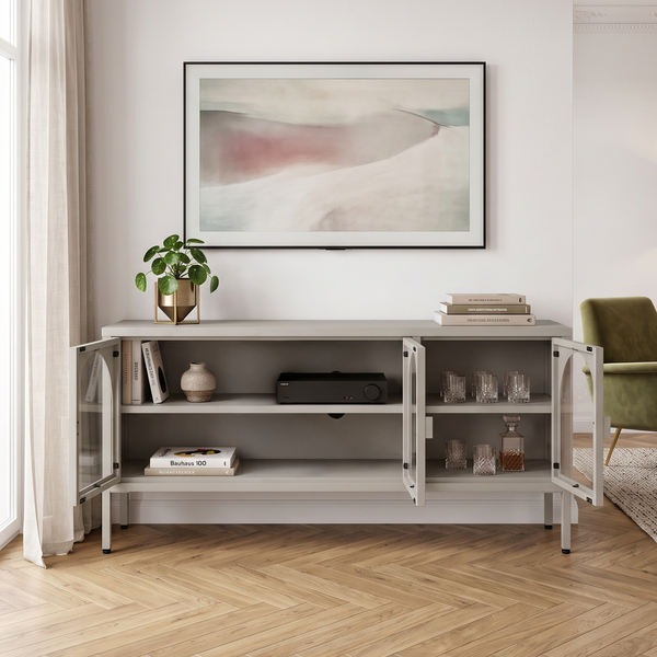 Vitrinszekrény Klippestad acél 118x35x55 cm teveszín [en.casa]