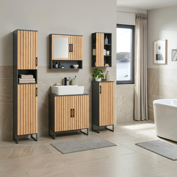 Fürdőszobai szekrény Svanes 90x30x30 cm sötétszürke/natúr [en.casa]