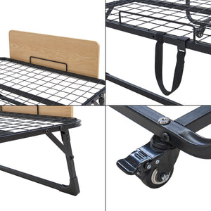 Fém összecsukható ágy Lustendi matraccal 200x90cm fekete/tölgyhatású [en.casa]