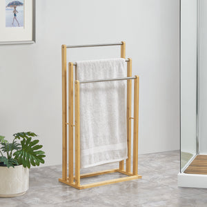 Bambusz törölközőtartó állvány 84 cm 3 törölközőtartó rúddal Porsanger natúr [en.casa]