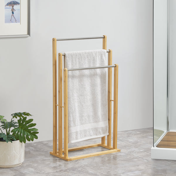 Bambusz törölközőtartó állvány 84 cm 3 törölközőtartó rúddal Porsanger natúr [en.casa]