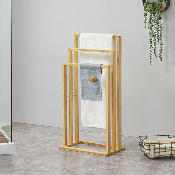 Bambusz törölközőtartó állvány 3 rúddal 82 cm Rana natúr [en.casa]