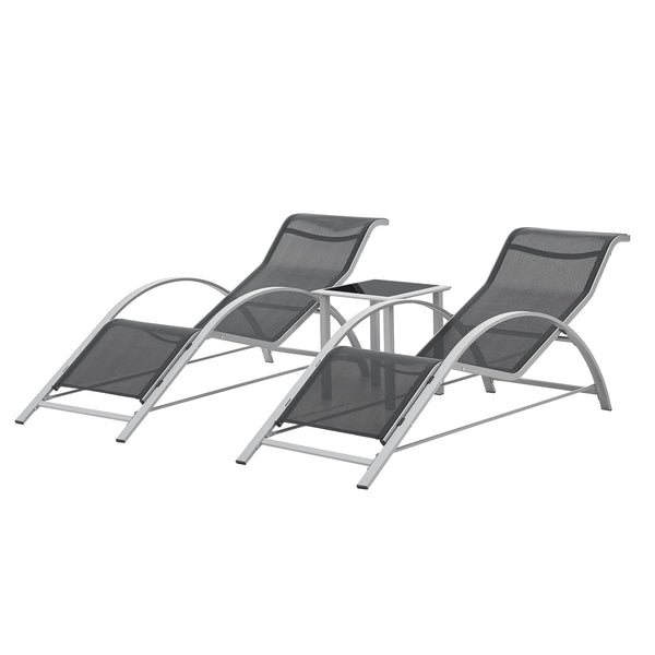 Kertibútor szett Binetto 3-részes kerti bútor 2xnapágy 1x asztal üveglappal szürke/fekete [en.casa]