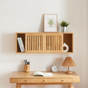 Fali polc Grums két tolóajtóval 92,5x20x33cm bambusz [en.casa]