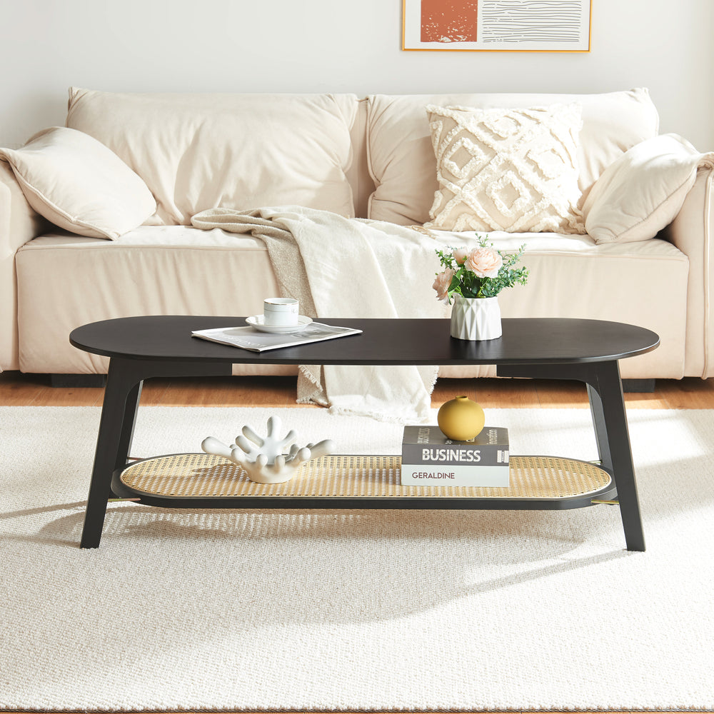 Dohányzóasztal Taivalkoski 120x43x40 cm fekete/rattan hatású [en.casa] - premiumXL