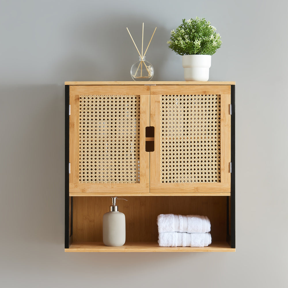 Fürdőszobai fali szekrény Tervola 60x60x20 cm fekete/bambusz [en.casa]