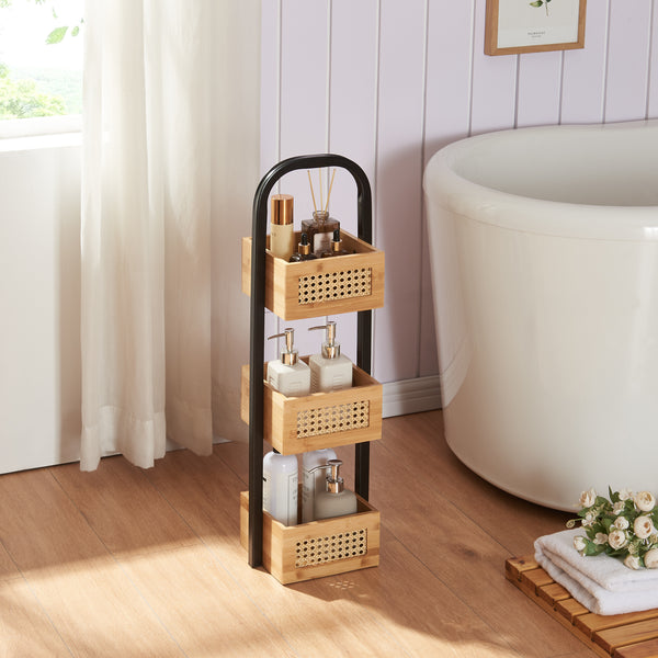 Fürdőszobai polc Tervola 73x23x19 cm fekete/bambusz [en.casa]