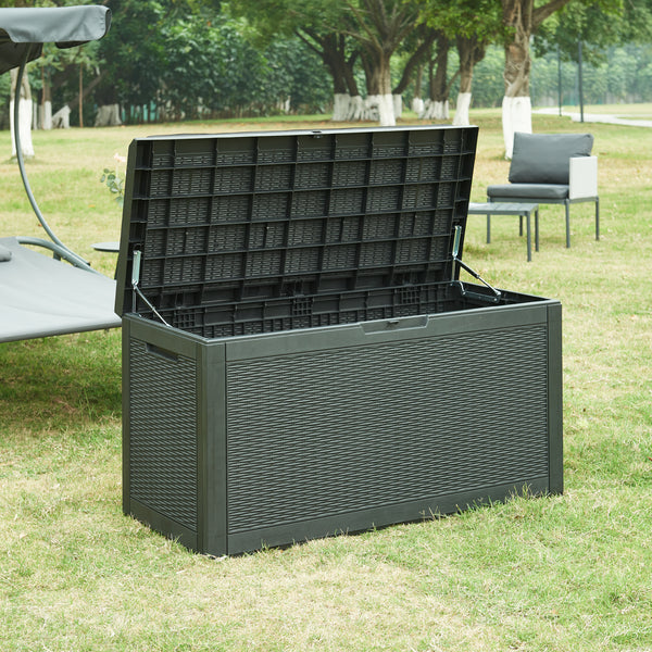 Kerti tárolóláda Atella 122x54,5x65cm fekete, rattan hatású [casa.pro]
