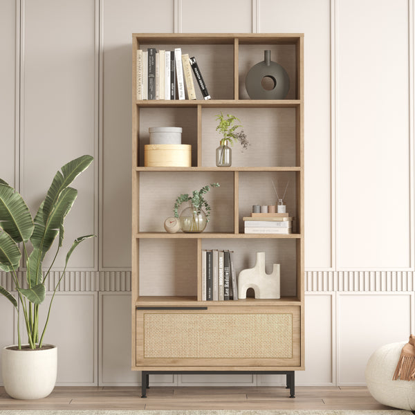 Könyvespolc Kvænangen 176x84x30 cm tölgyfa/rattan hatású [en.casa]