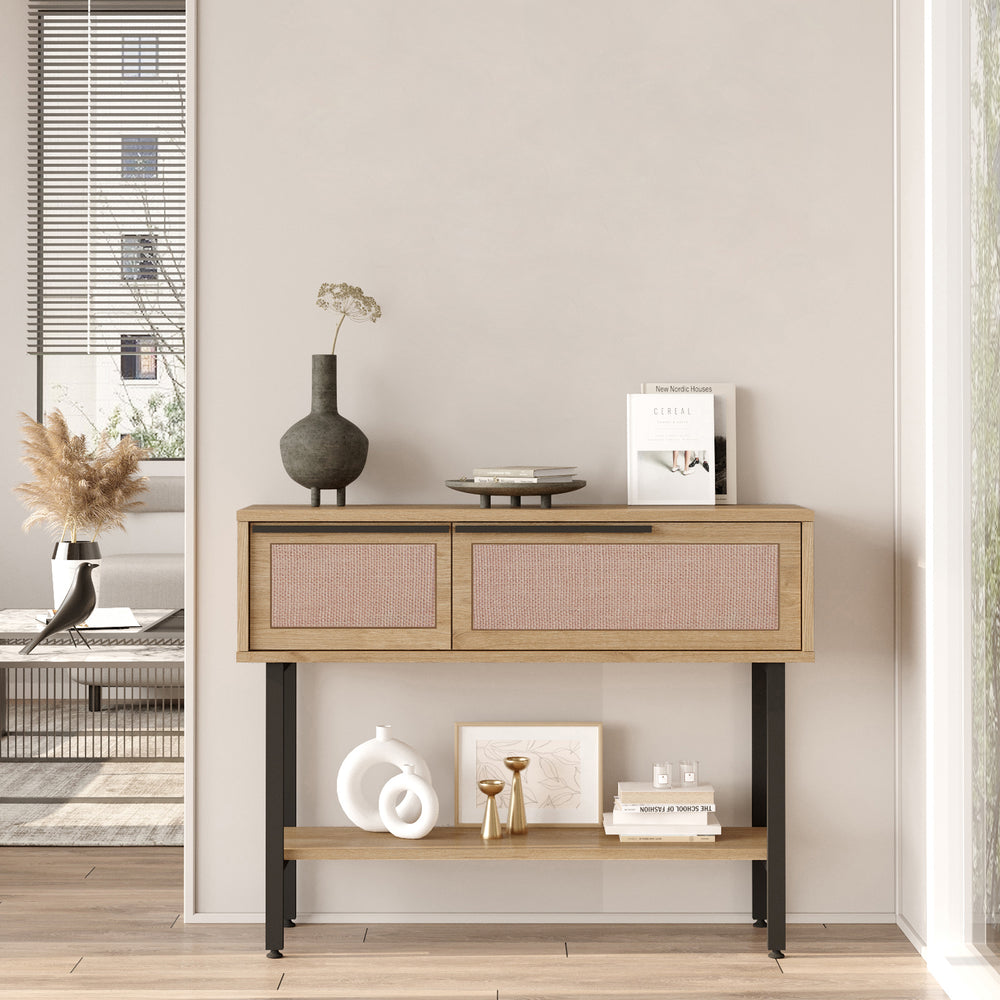 Konzolasztal Kvænangen 100x30x76 cm tölgy/rattan hatás [en.casa] - premiumXL