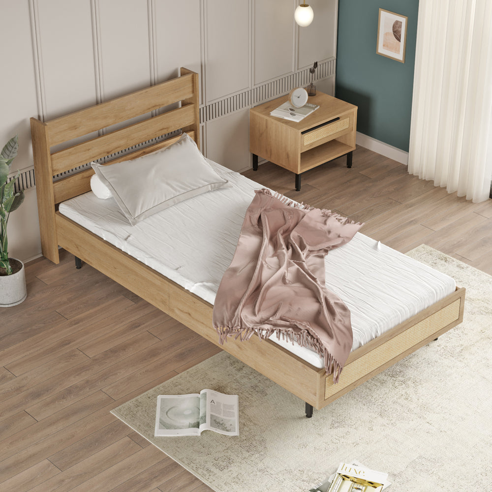 Egyszemélyes ágy Kvænangen 100x200 cm tölgy - /rattan hatás [en.casa] - premiumXL