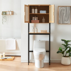 Tárolószekrény WC fölé Tervola 172x63x27 cm fekete/bambusz [en.casa]