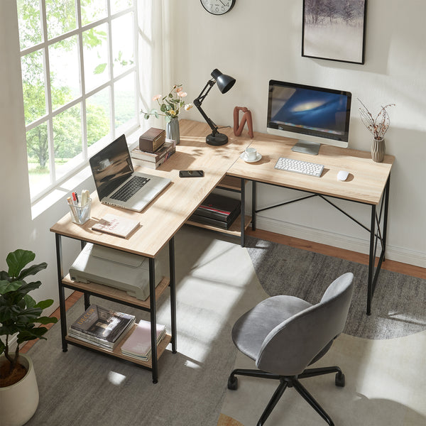 L-alakú íróasztal 2 polccal Klirurud 150x150x75 cm tölgyfa hatású [en.casa]