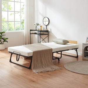 Fém összecsukható ágy Lustendi matraccal 200x90cm fekete/tölgyhatású [en.casa]