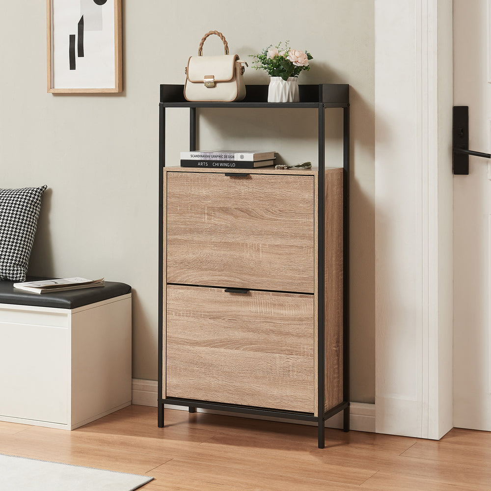 Belana cipőtároló 2 lehajtható ajtóval 116x60x24 cm Fekete/Tölgyhatás [en.casa] - premiumXL