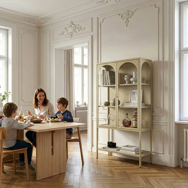 Vitrinszekrény Klippestad acél 160x80x35 cm teveszín [en.casa]