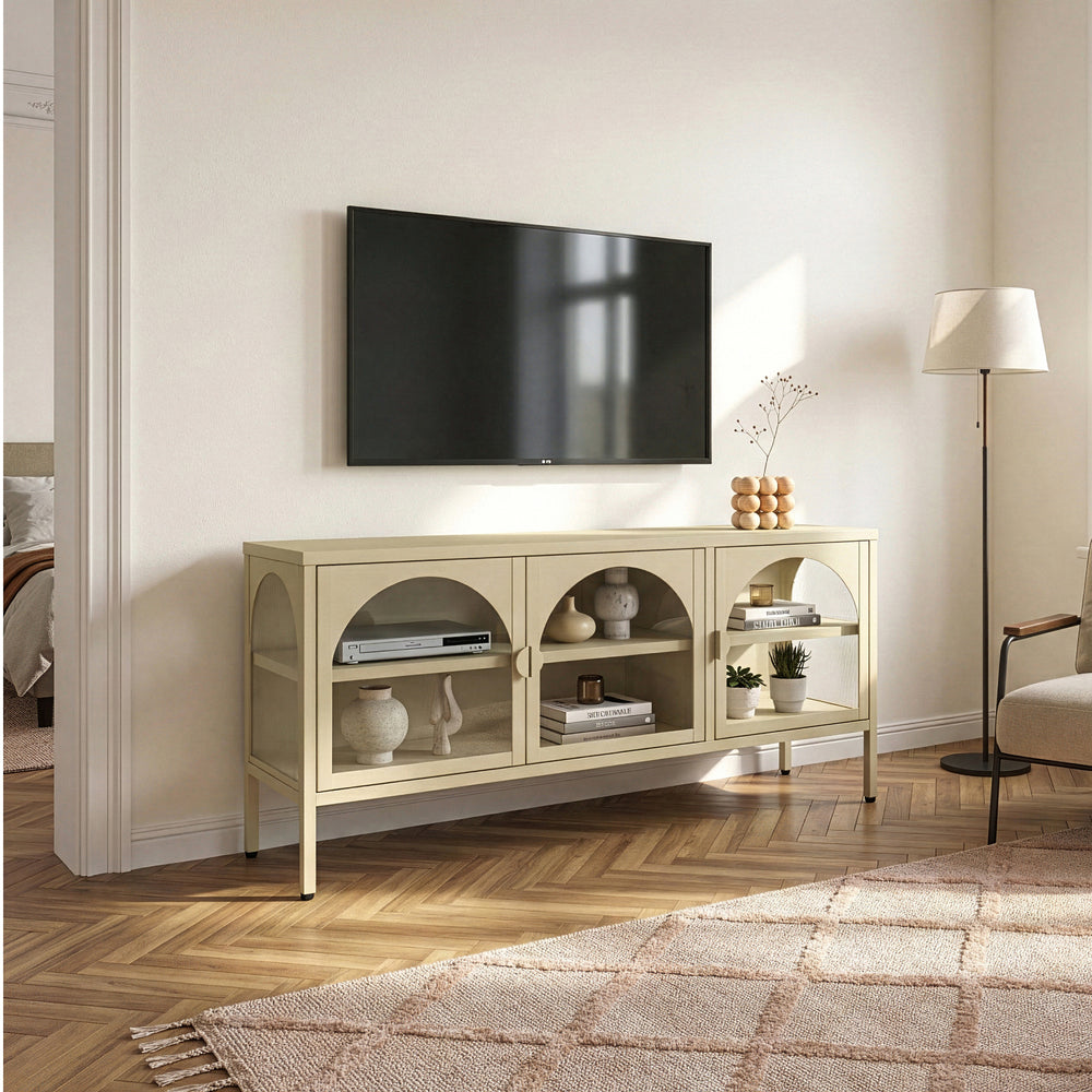 Vitrinszekrény Klippestad acél 118x35x55 cm teveszín [en.casa]