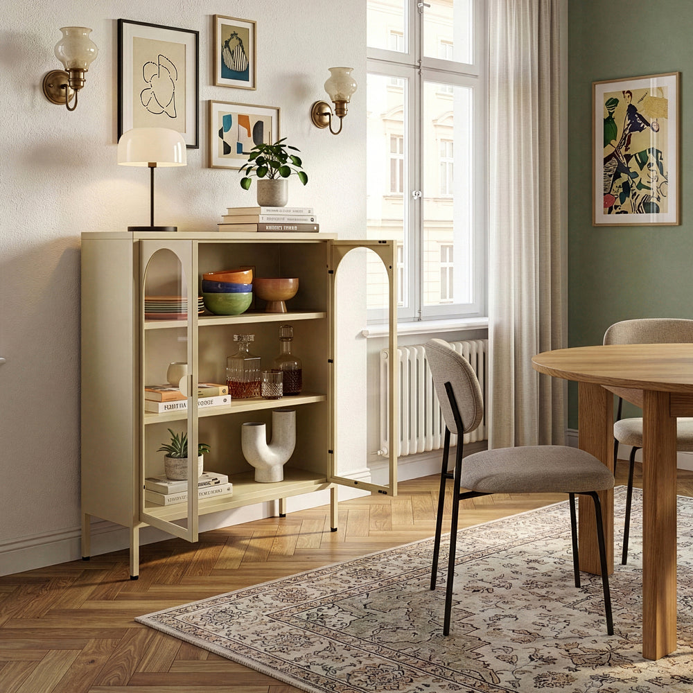 Vitrines szekrény Klippestad acél 95x80x35 cm teveszín [en.casa]