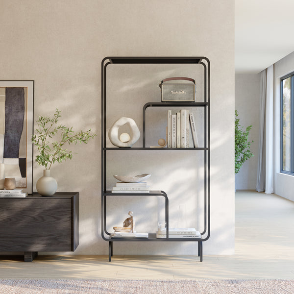 Könyvespolc Færder acél 145x76x33 cm fekete [en.casa]