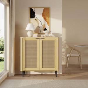Tálalószekrény Lukhomso 83x80x40 cm tölgyfa hatású rattan mintázattal [en.casa]