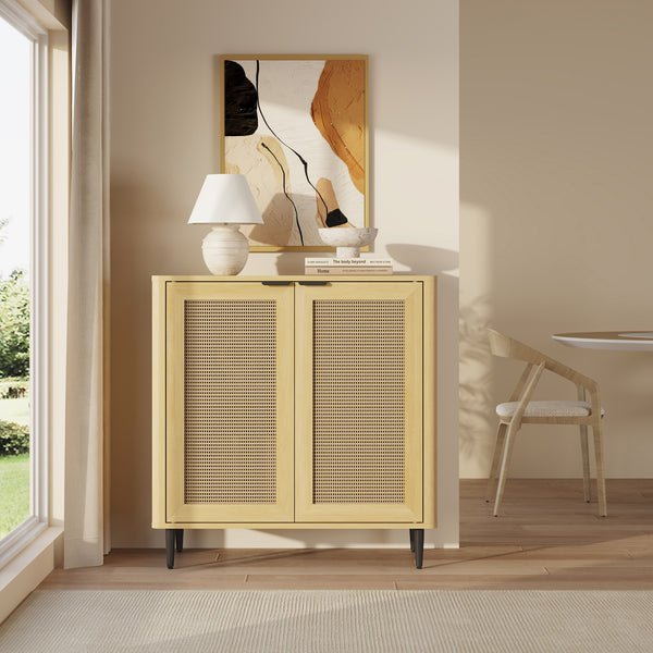 Tálalószekrény Lukhomso 83x80x40 cm tölgyfa hatású rattan mintázattal [en.casa]