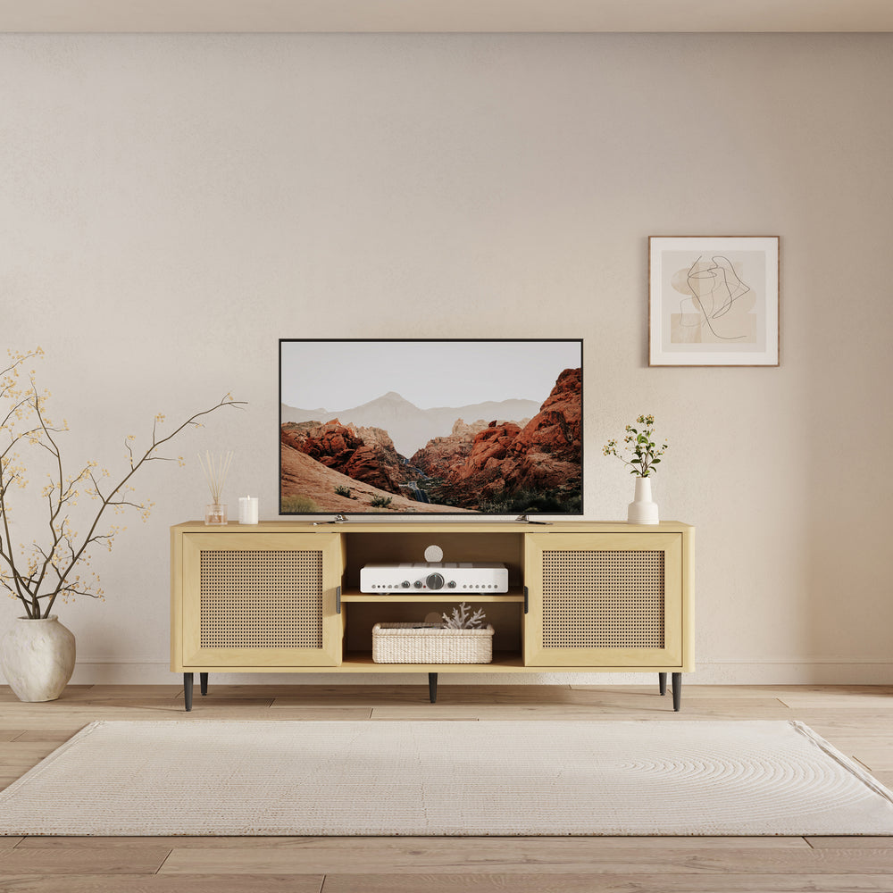 TV szekrény Lukhomso 152x40x54 cm tölgyfa hatású rattan mintával [en.casa]