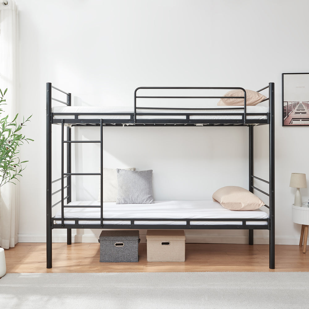 Fém emeletes ágy Bevapis 2 matraccal 90x200 cm fekete [en.casa]