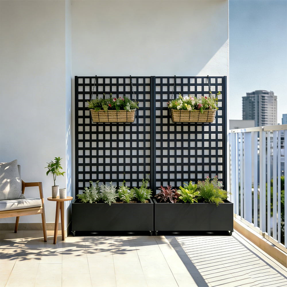 Gurulós válaszfal Toma virágosládával acél 190x82x38 cm fekete [casa.pro]