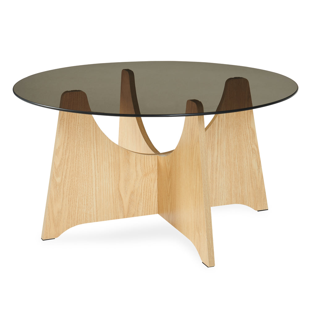 Dohányzóasztal Omlar üveglappal Ø70x35 cm tölgyfa hatás/füstszürke [en.casa]