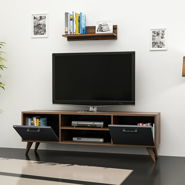 TV állvány polccal Haderslev 42 x 120 x 30 cm forgácslap műanyag dió antracit [en.casa] 