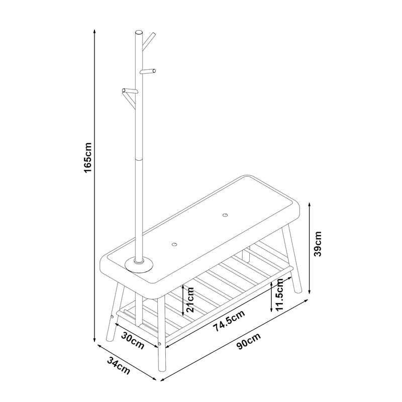 Méretrajz Pad cipőtartóval és fogassal bambuszból Bygland 90x34x165cm [en.casa]