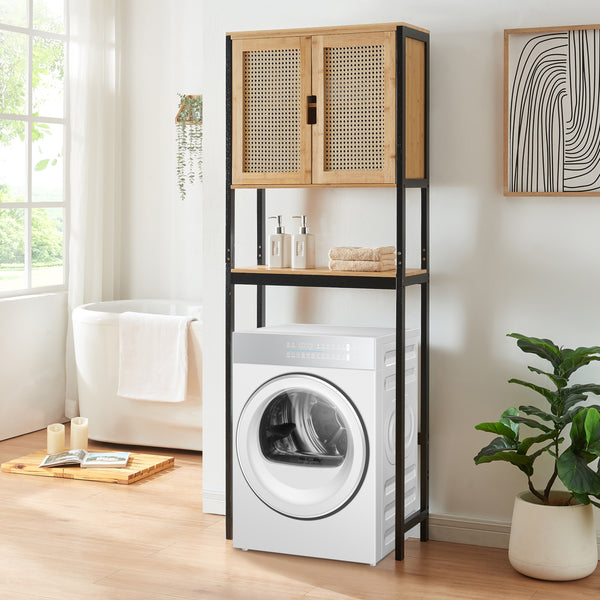 Tárolószekrény WC fölé Tervola 172x63x27 cm fekete/bambusz [en.casa]