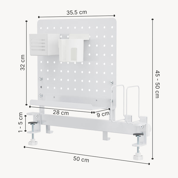 Asztallapra rögzíthető perforált rendszerezőtábla íróasztalhoz Sauda 50x50 cm acél fehér [en.casa]