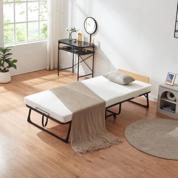 Fém összecsukható ágy Lustendi matraccal 200x90cm fekete/tölgyhatású [en.casa]