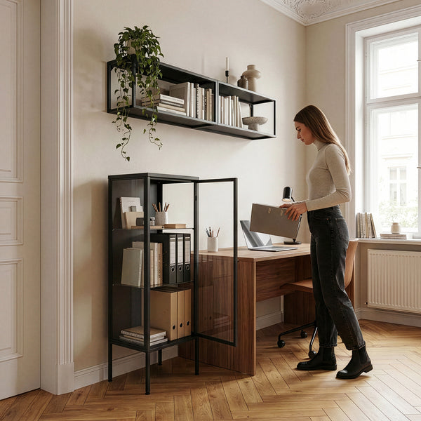 Vitrines szekrény Borshavisa 116x34x30 cm acél fekete [en.casa]