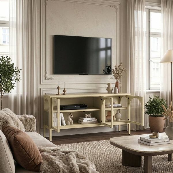 Vitrinszekrény Klippestad acél 118x35x55 cm teveszín [en.casa]