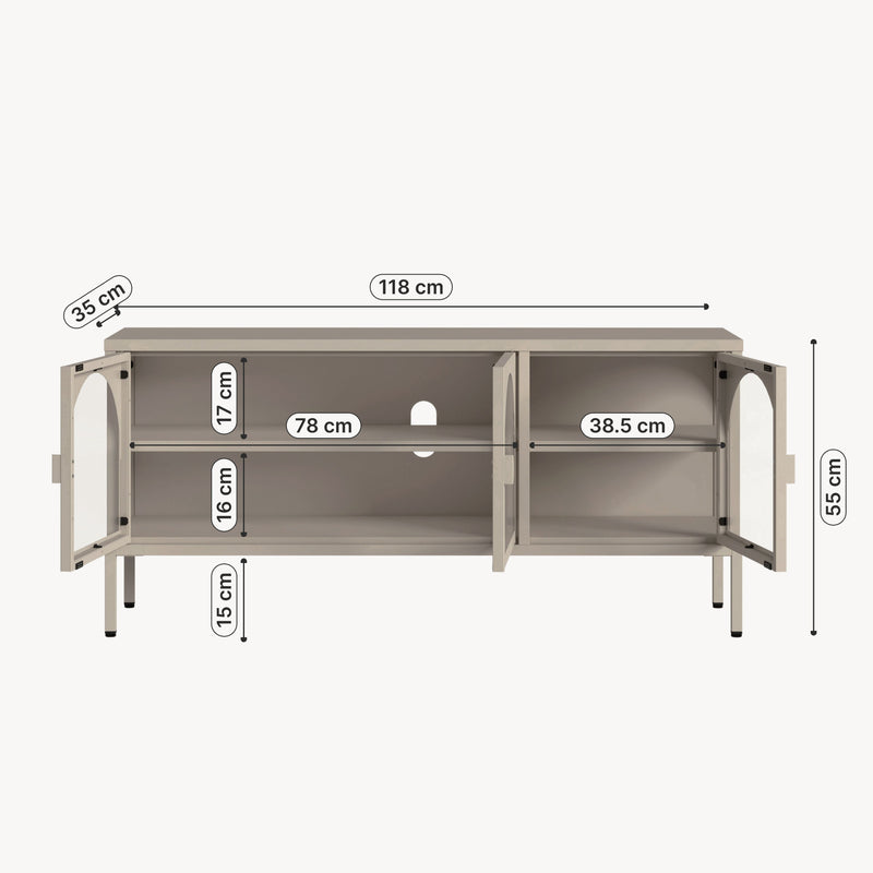 Méretrajz Vitrinszekrény Klippestad acél 118x35x55 cm teveszín [en.casa]