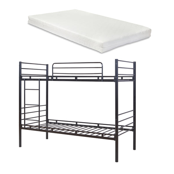 Fém emeletes ágy Bevapis 2 matraccal 90x200 cm fekete [en.casa]