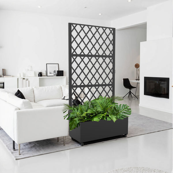 Gurulós válaszfal Malja virágosládával acél 190x82x38 cm fekete [casa.pro]