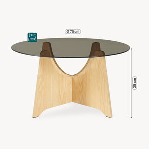 Dohányzóasztal Omlar üveglappal Ø70x35 cm tölgyfa hatás/füstszürke [en.casa]