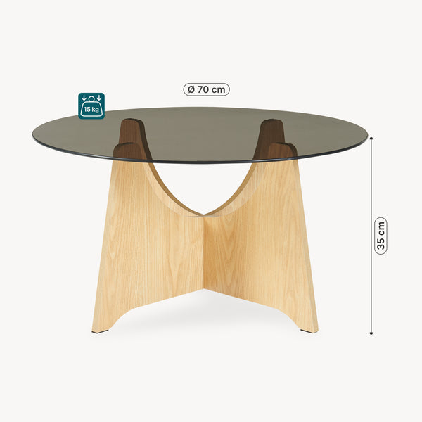 Dohányzóasztal Omlar üveglappal Ø70x35 cm tölgyfa hatás/füstszürke [en.casa]