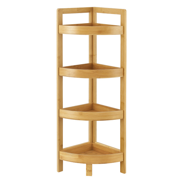 Fürdőszoba sarokpolc Lestijärvi bambuszbol 4 peremes lekerekített  tárolópolccal [en.casa] 