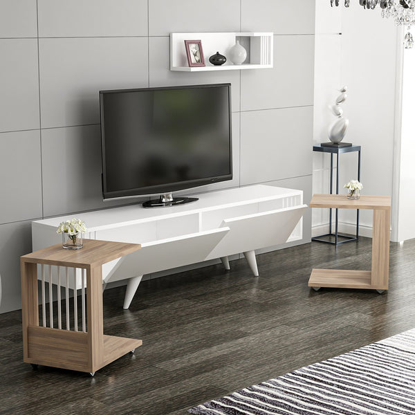TV asztal polccal és 2 kisasztallal Glostrup tölgyfa hatású / fehér [en.casa]