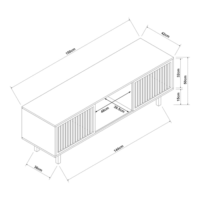Méretrajz TV-szekrény Ypäjä 150x42x50 cm bambusz natúr [en.casa]
