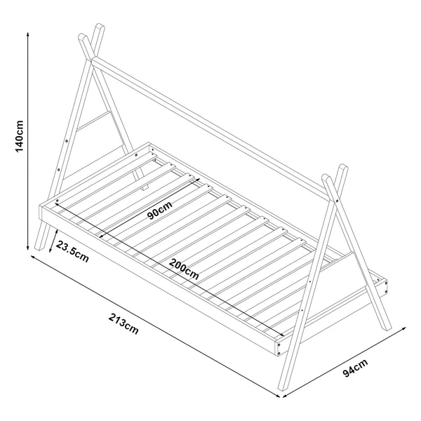 Tipi gyerekágy Siikajoki fenyőből ágyráccsal és matraccal 90×200 cm – Natúr/Fehér [en.casa]