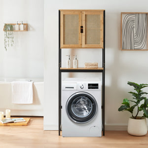 Tárolószekrény WC fölé Tervola 172x63x27 cm fekete/bambusz [en.casa]