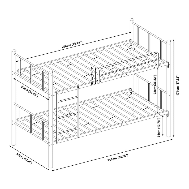 Méretrajz Fém emeletes ágy Berimma 90x200 cm fekete [en.casa]