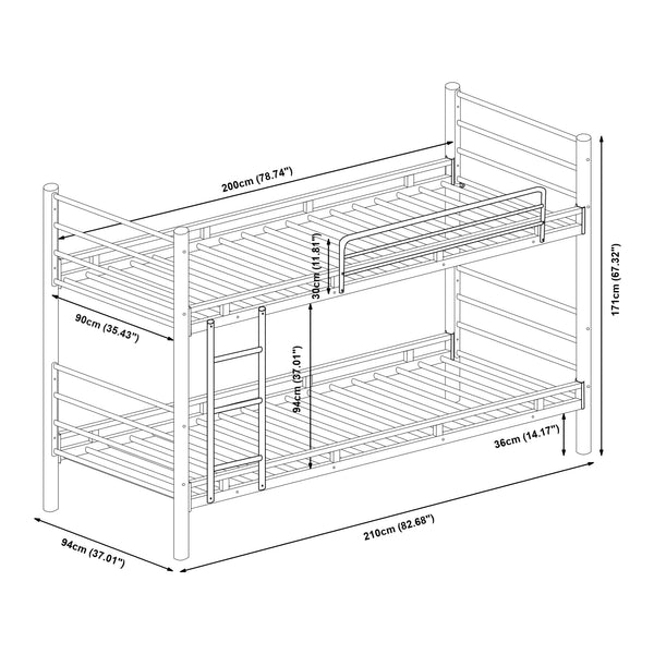 Fém emeletes ágy Bevapis 90x200 cm fekete [en.casa]