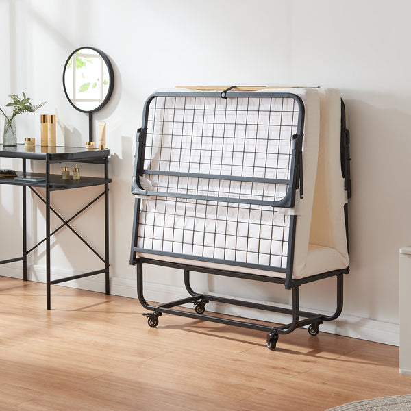 Fém összecsukható ágy Lustendi matraccal 200x90cm fekete/tölgyhatású [en.casa]