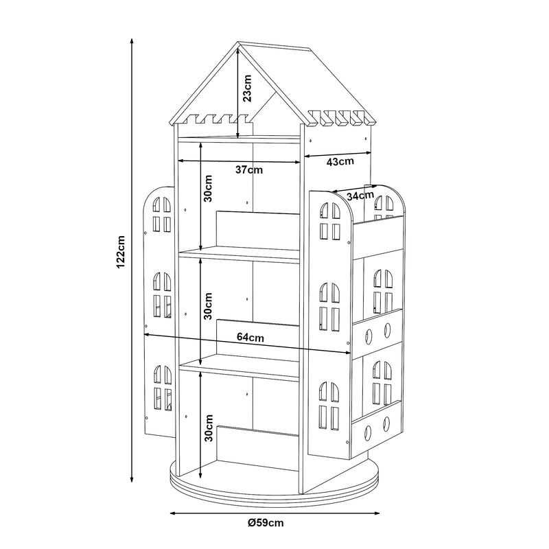 Méretrajz Forgatható gyerekpolc Sanköre 122x64x43 cm fenyőfa natúr [en.casa]
